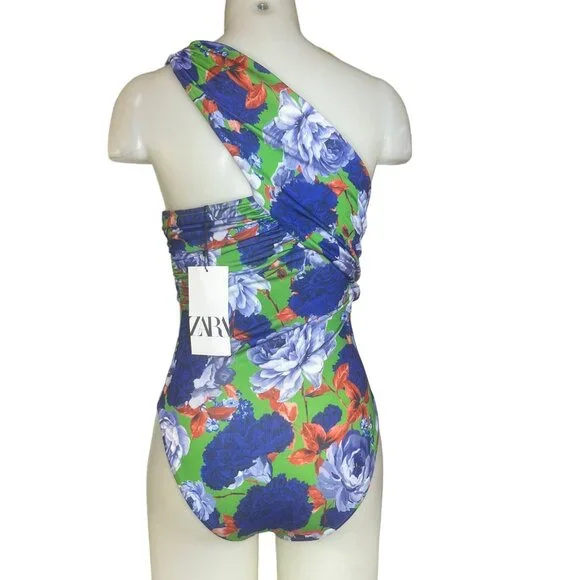 Zara Floral One Shoulder Bodysuit Multicolor Medium Blue New - Picture 2 of 8